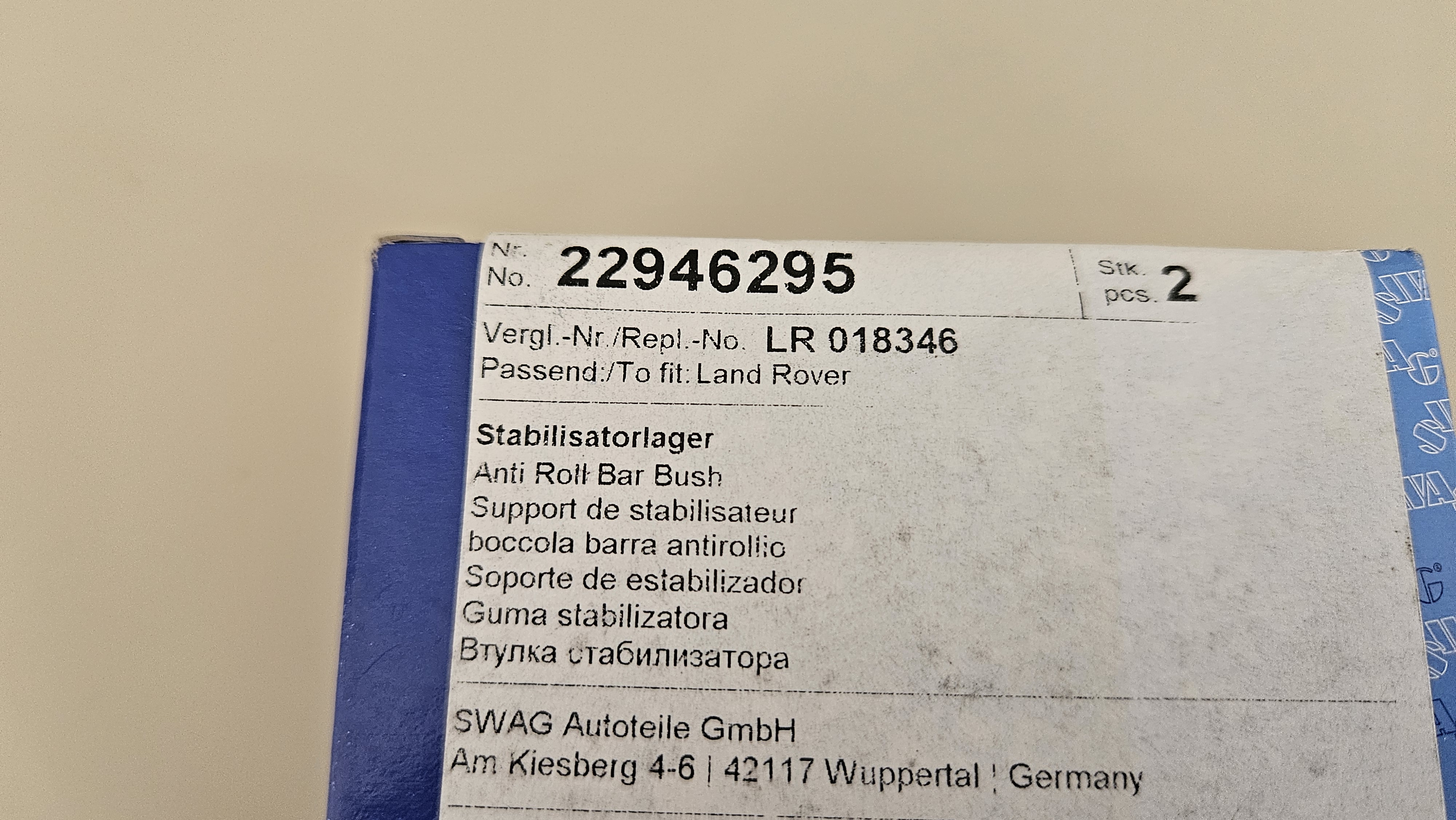 SWAG przednia tuleja stabilizatora 28.5 mm 22946295 do Land Rover Discovery IV - Image 2